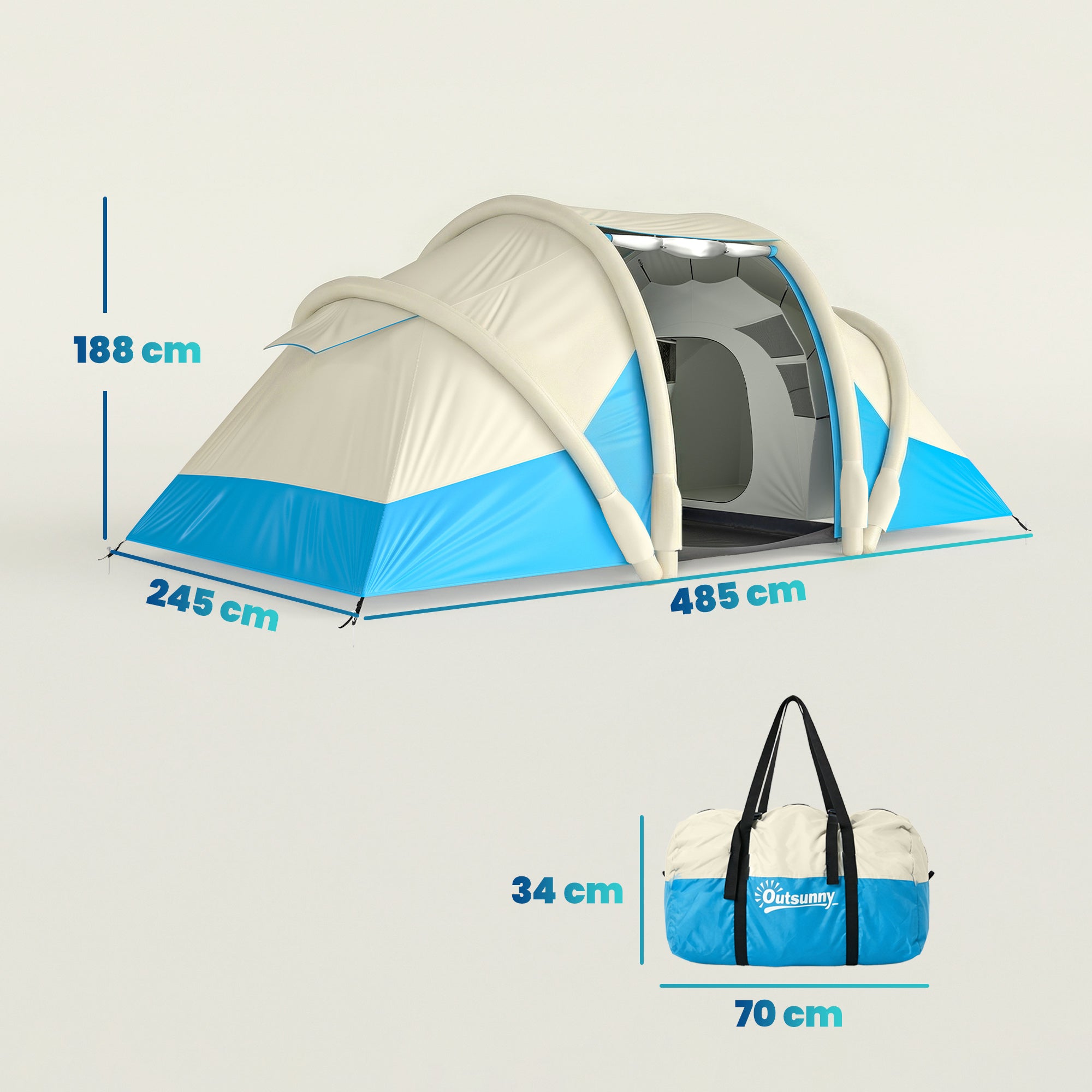 Outsunny Inflatable Tent 2 Bedroom 3000mm Waterproof Windproof Air Tent with Carry Bag for 4 Person 