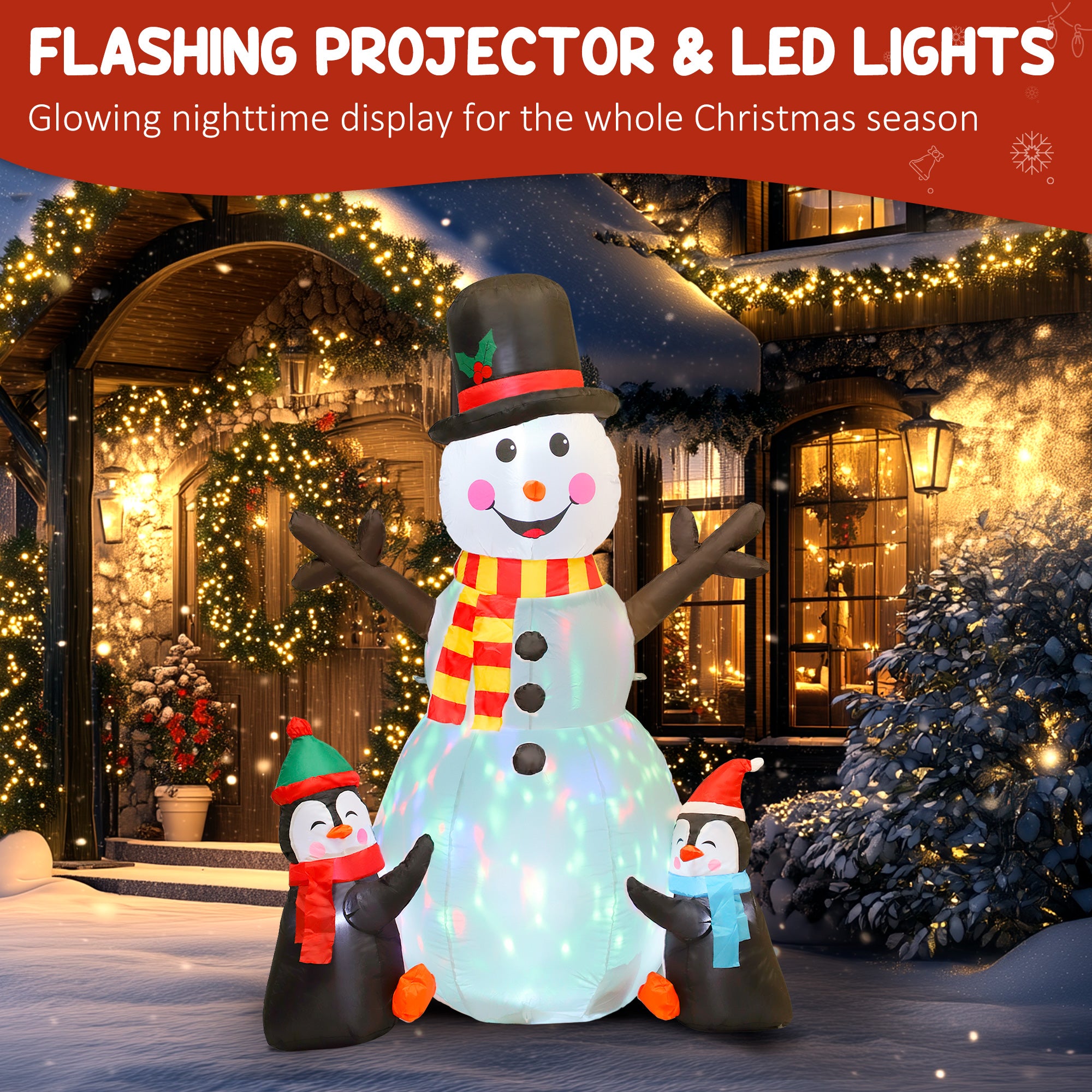 Outsunny 6FT Christmas Inflatables Snowman & Penguins with Built-in LED Lights and Flashing Projector Light, Blow Up Christmas Inflatable Decoration for Indoor Outdoor Decor, Garden 