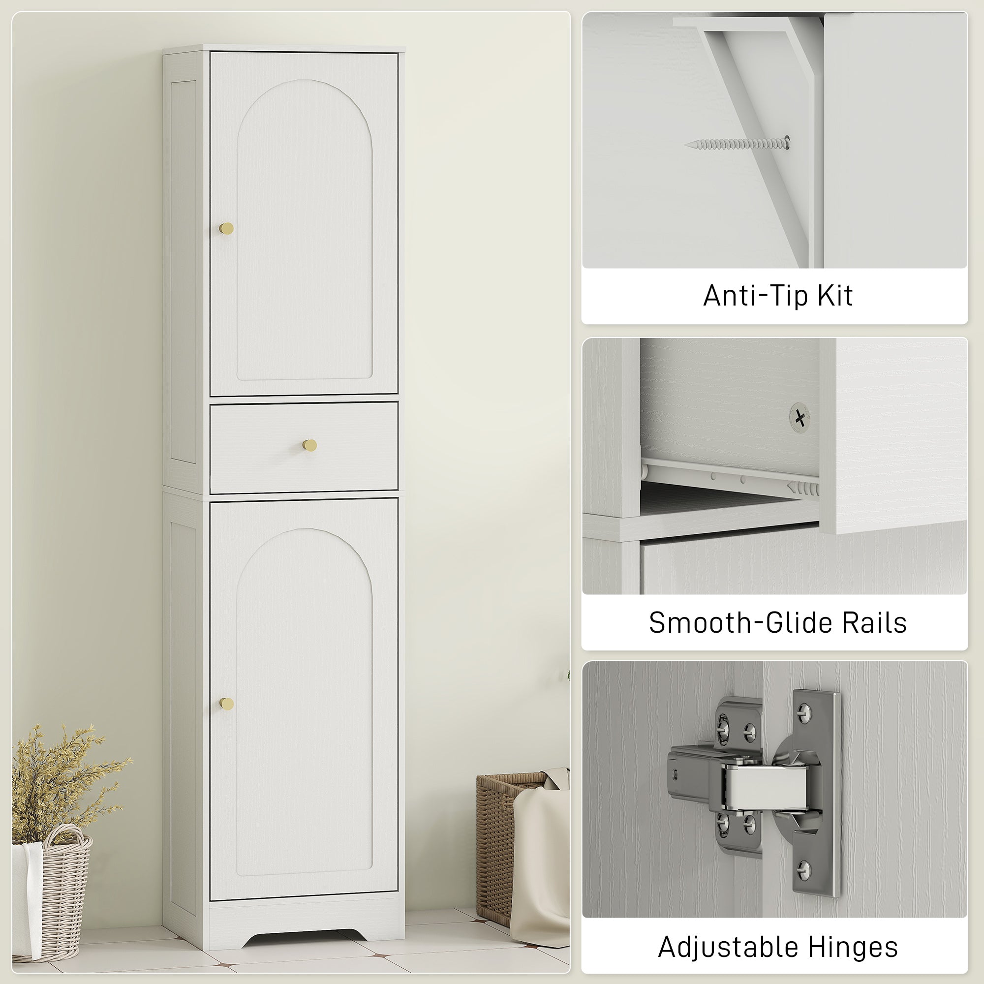 HOMCOM Tall Bathroom Cabinet with Arched Doors - White