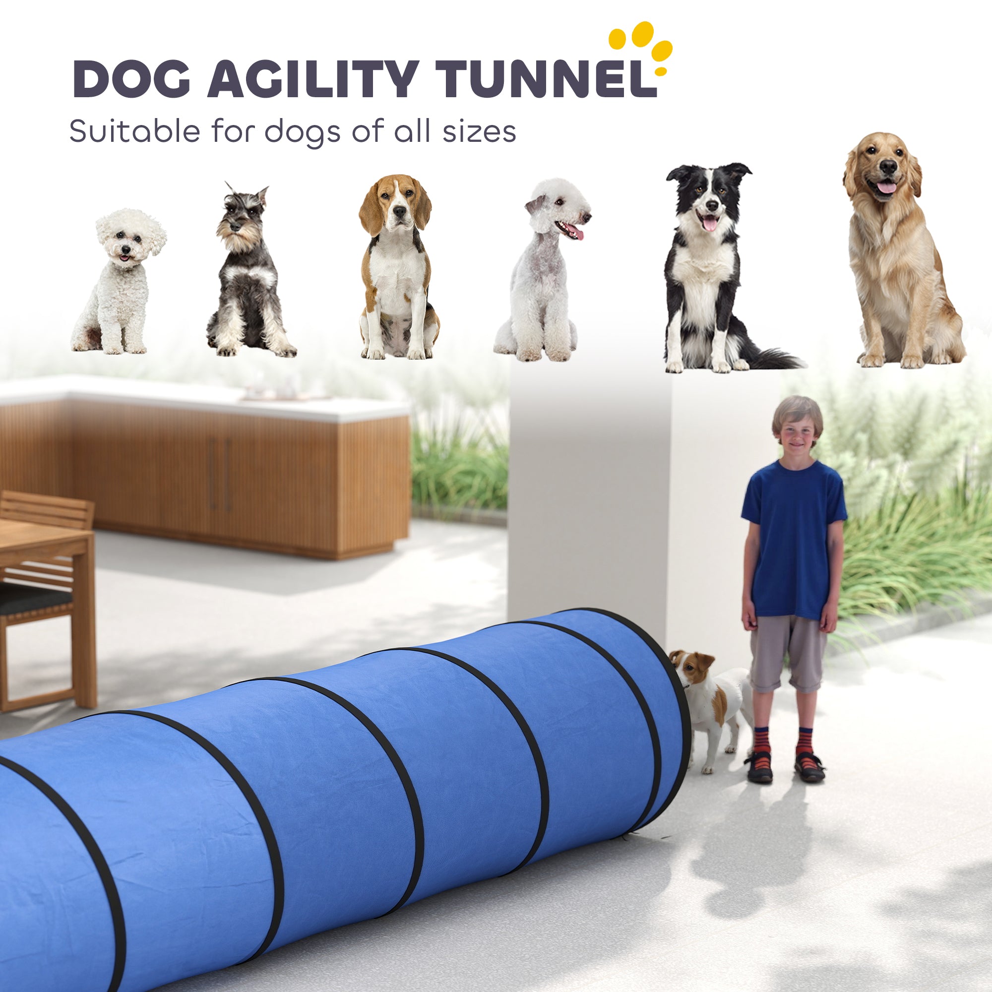 PawHut Dog Tunnel, 500 x 60 cm, Foldable Play Tunnel with 6 Pegs and Bag, Tear-Resistant Outdoor Dog Agility Equipment, Blue 