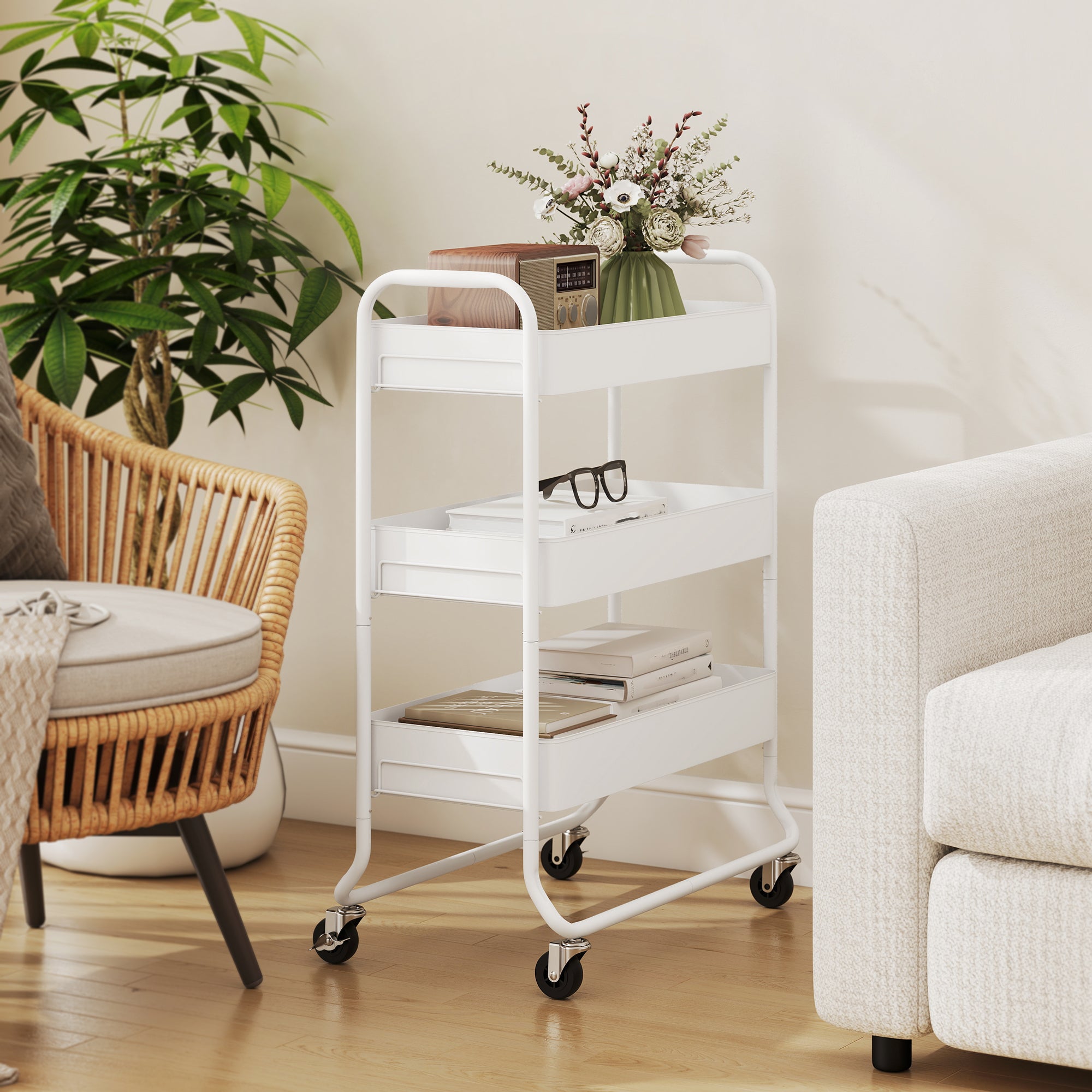 HOMCOM 3-Tier Storage Trolley on Wheels, Rolling Utility Cart with Mesh Backets for Kitchen, Bathroom, Bedroom, White 