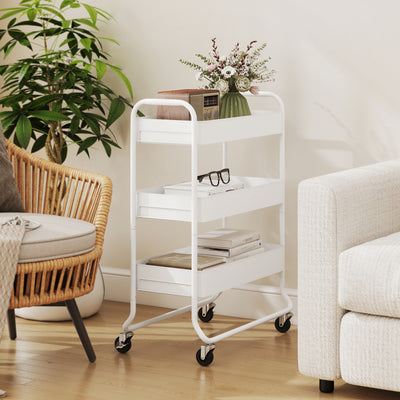HOMCOM 3-Tier Storage Trolley on Wheels, Rolling Utility Cart with Mesh Backets for Kitchen, Bathroom, Bedroom, White 