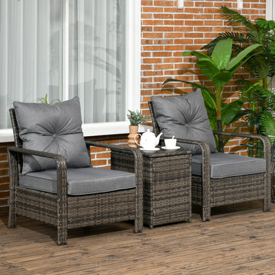 Outsunny 3 Pieces Rattan Bistro Set, Wicker Garden Furniture Set with Storage  Coffee Table and Chairs, Thickened Cushions for Outdoor, Patio, Balcony, Grey 