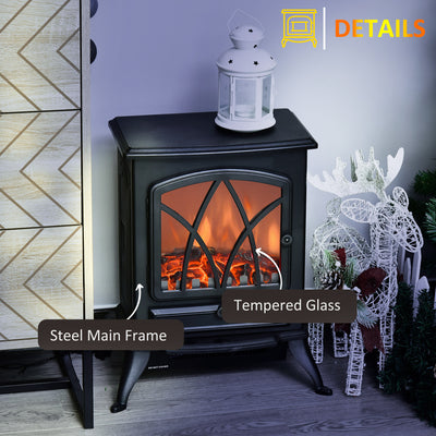 HOMCOM Electric Stove Heater with Realistic Flame Effect, 2000W Portable Indoor Freestanding Electric Fireplace with Adjustable Thermostat, Black 