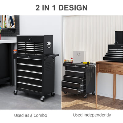 HOMCOM 19 Drawer, Two-Part Tool Storage Chest on Wheels - Black 