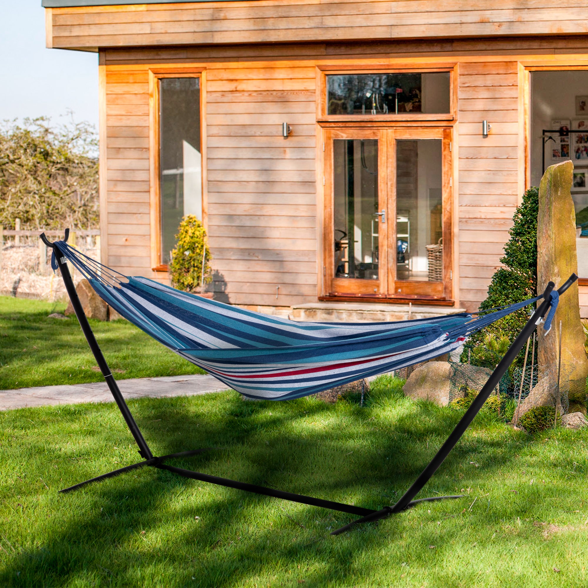 Outsunny 298 x 117cm Hammock with Stand Camping Hammock with Portable Carrying Bag, Adjustable Height, 120kg Load Capacity, White Stripe 