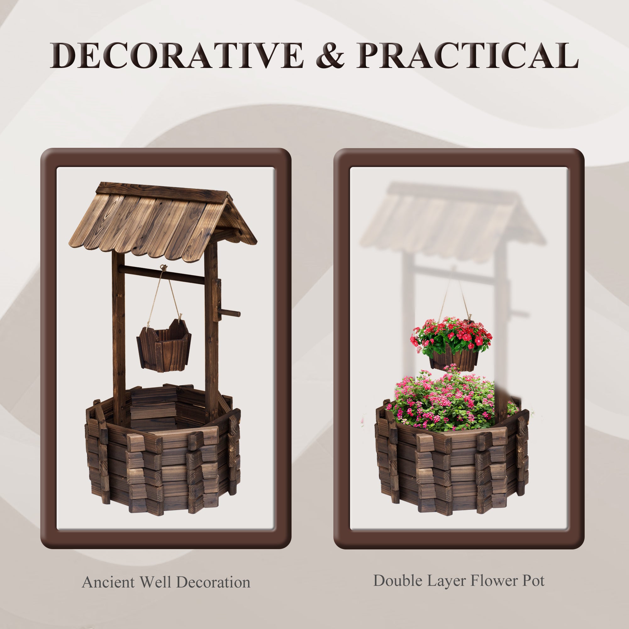 Outsunny Wooden Wishing Well Planter Outdoor Flower Pot Backyard Garden Decor w/ Bucket 