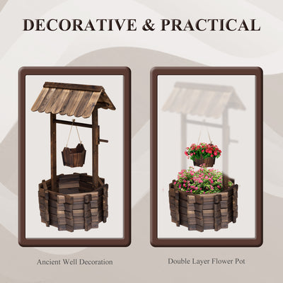 Outsunny Wooden Wishing Well Planter Outdoor Flower Pot Backyard Garden Decor w/ Bucket 