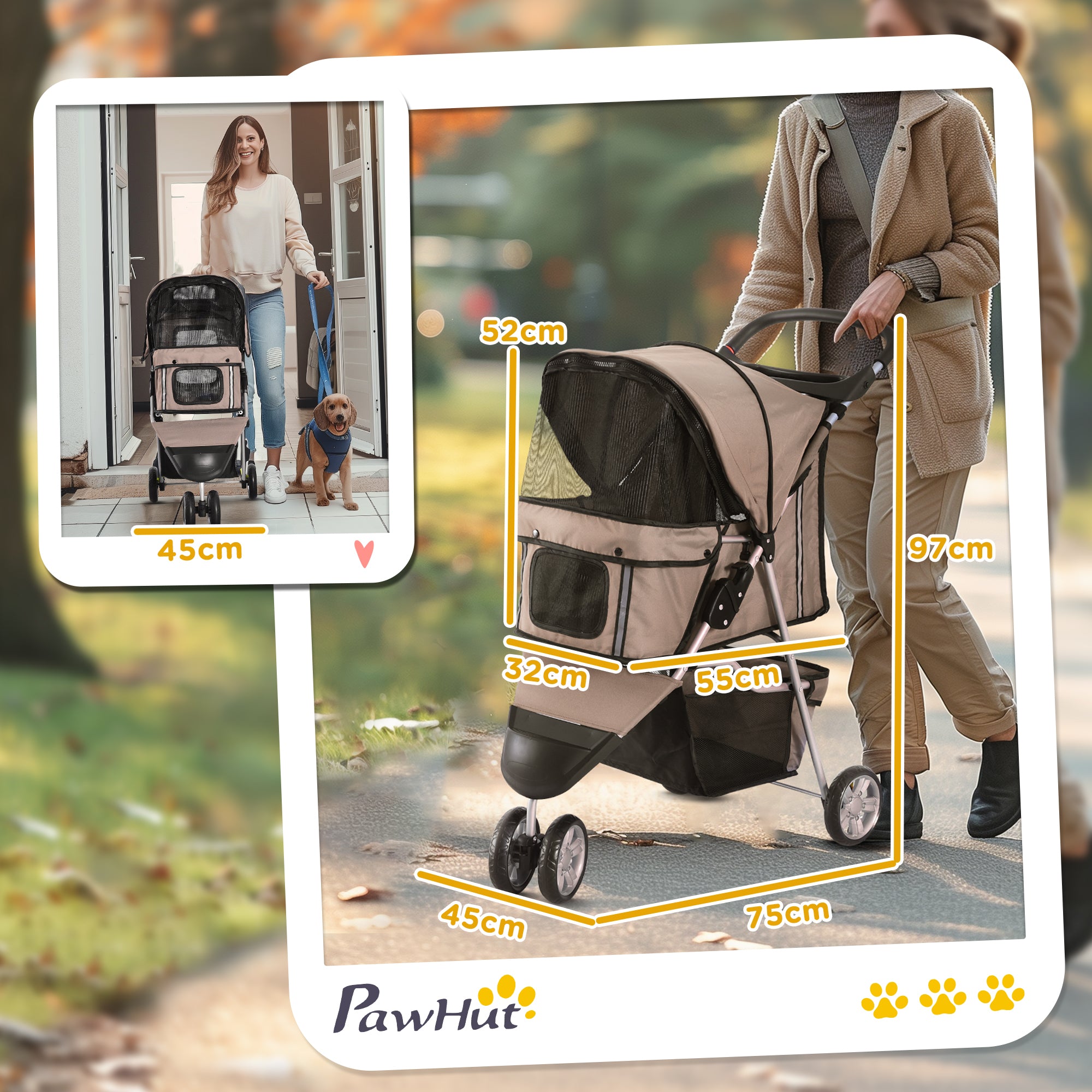 PawHut Dog Stroller, 3 Wheels Foldable Cat Dog Pram with Cup Holder, Storage Basket, Pet Stroller for Small Miniature Dogs, Brown 
