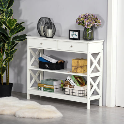 HOMCOM Console Table Side Desk w/ Shelves Drawers Open Top X Support Frame Living Room Hallway Home Office Furniture White 