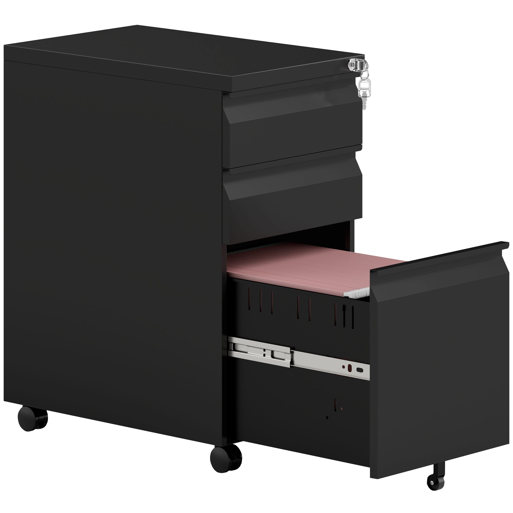 Vinsetto 3-Drawer Steel Filing Cabinet with Lock and Wheels - Black 
