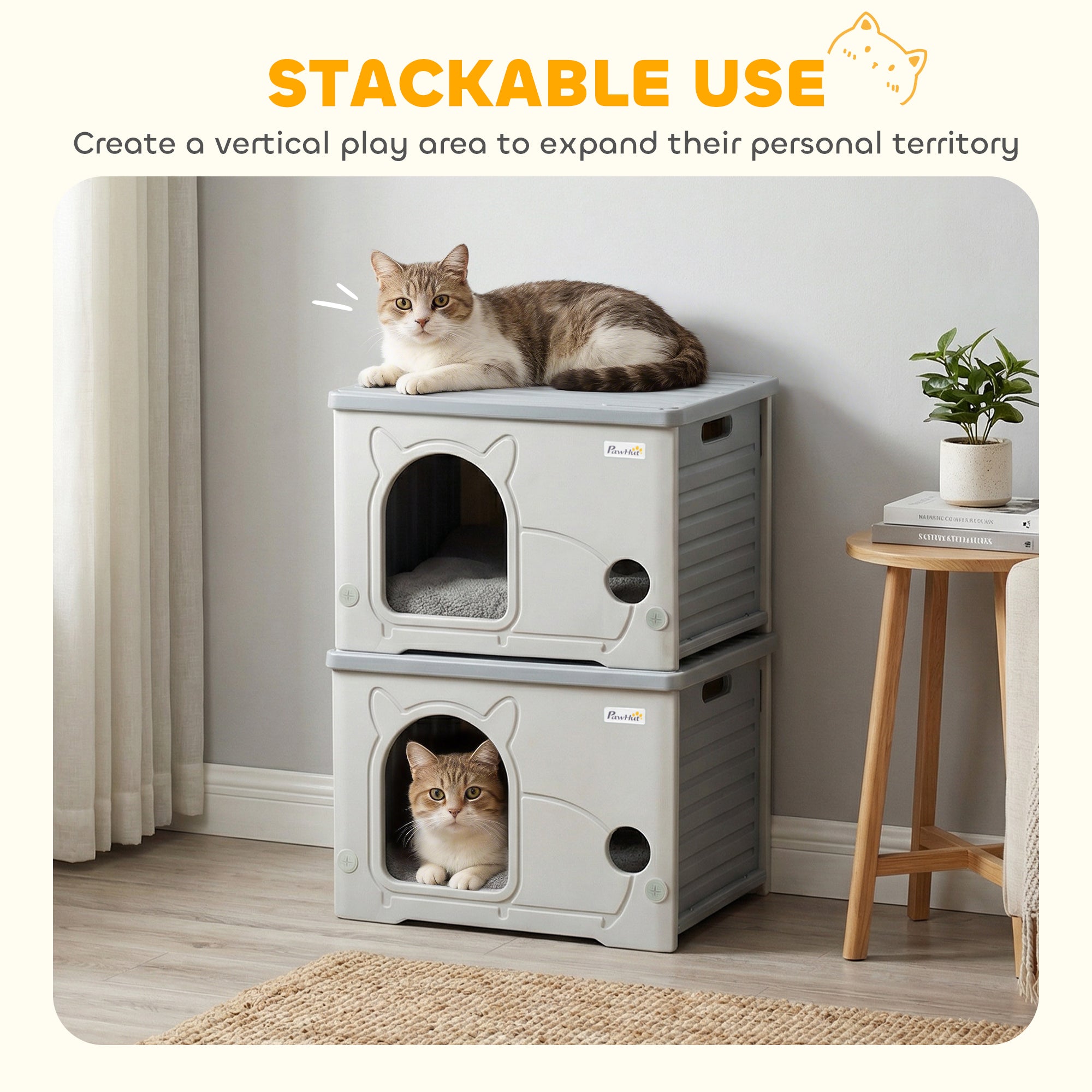 PawHut Cat House Stackable Pet Shelter with Removable Cushion for Indoor Outdoor Use Grey 