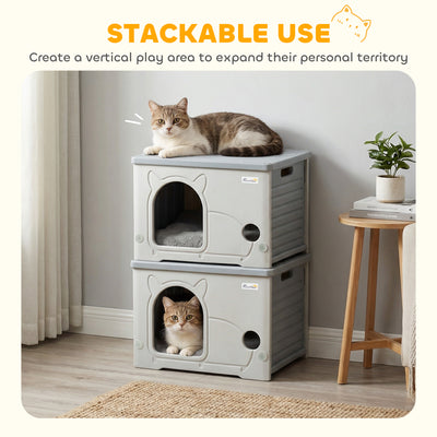 PawHut Cat House Stackable Pet Shelter with Removable Cushion for Indoor Outdoor Use Grey 