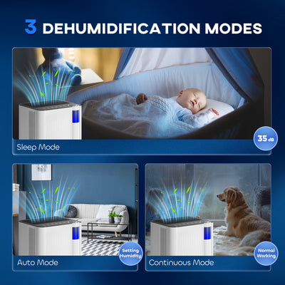 HOMCOM 12L/Day Dehumidifier with Continuous Drainage, 2L Water Tank, 24H Timer, Digital Humidity Display, Filter, Auto Defrost, Children Lock, for Bedroom, Dehumidifier for Home Damp, Laundry Drying 