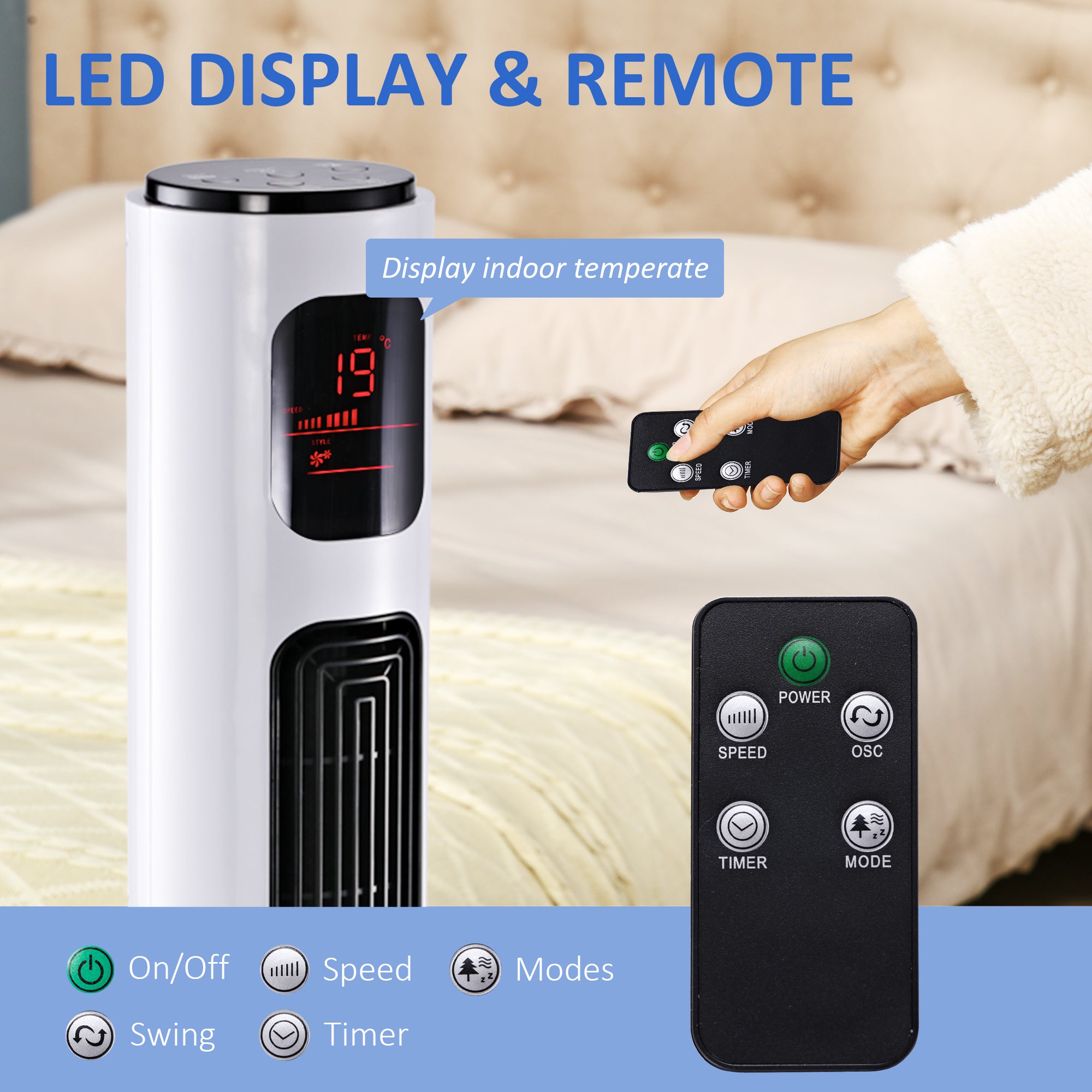 HOMCOM 38'' Freestanding Tower Fan, 3 Speed 3 Mode, 12h Timer, 70 Degree Oscillation, LED Panel, 5M Remote Controller, White 