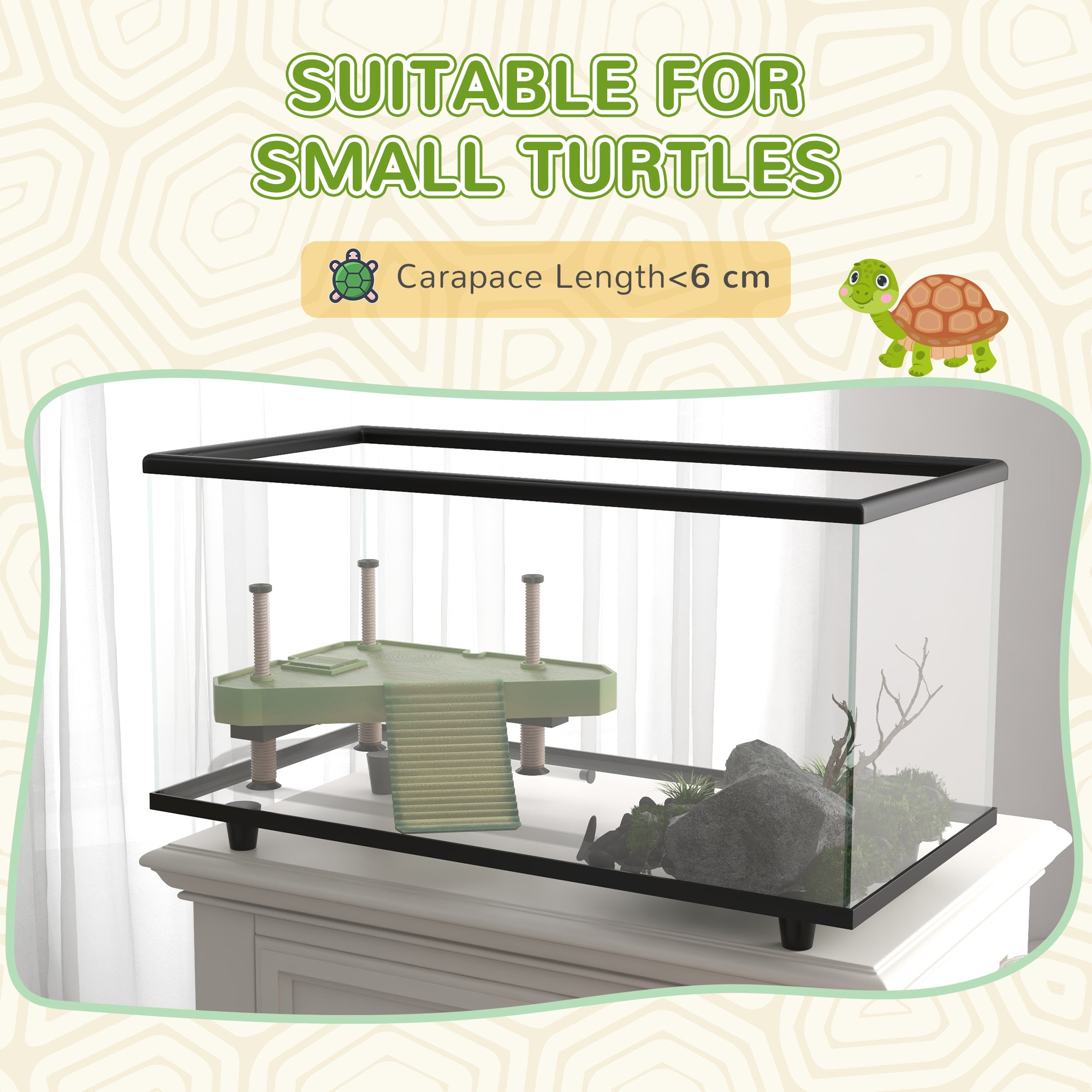 PawHut 28L Glass Turtle Tank Aquarium with Basking Platform, Easy Drainage, Strip Patch Thermometer 