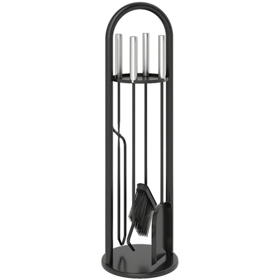 Outsunny 5 Pieces Fireplace Tools Set, Metal Fireplace Accessories Fireside Companion Set with Broom, Shovel, Poker and Bucket, Silver 