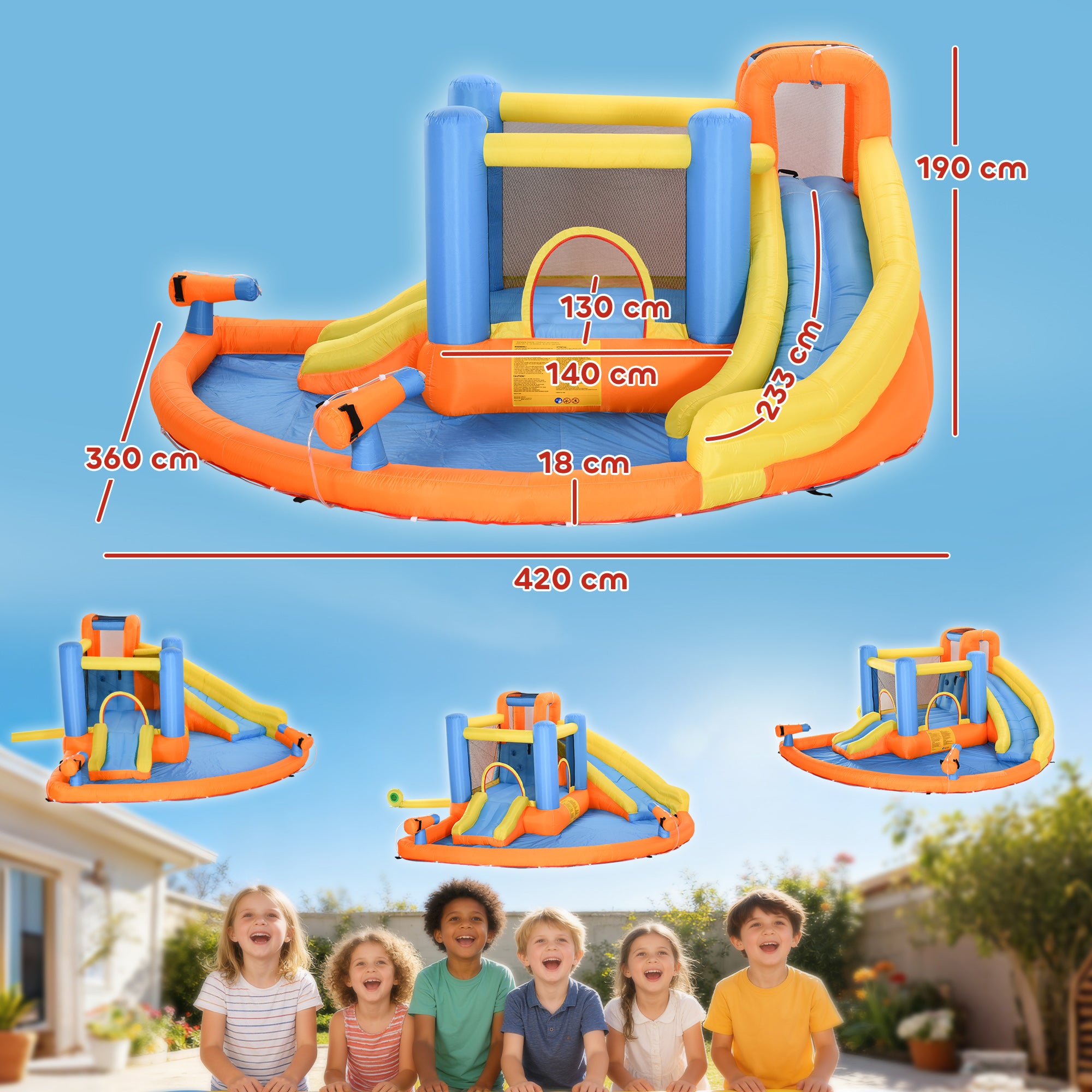 AIYAPLAY 5 in 1 Bouncy Castle for Children, Inflatable Bounce House with Dual Slides, Pool, Climbing Wall, Water Cannons, Blower 