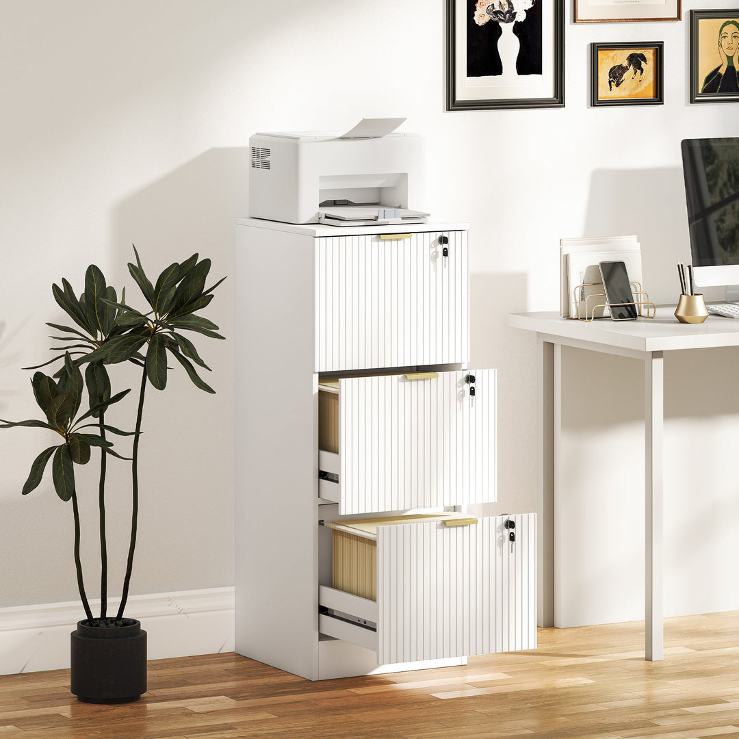 HOMCOM Filing Cabinet, Fluted Vertical File Cabinet with 3 Lockable Drawers and Hanging Rails, White 