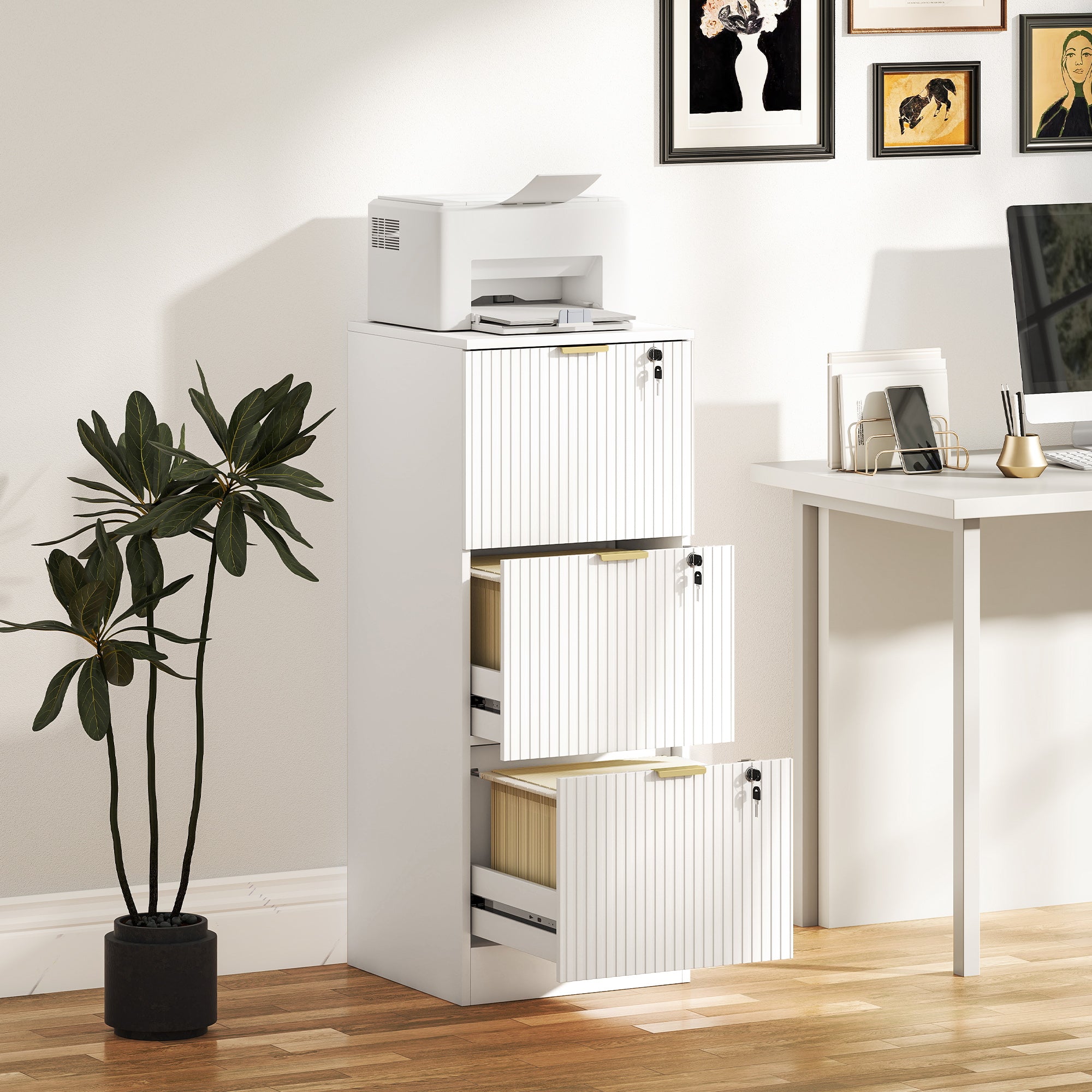 HOMCOM Filing Cabinet, Fluted Vertical File Cabinet with 3 Lockable Drawers and Hanging Rails, White 
