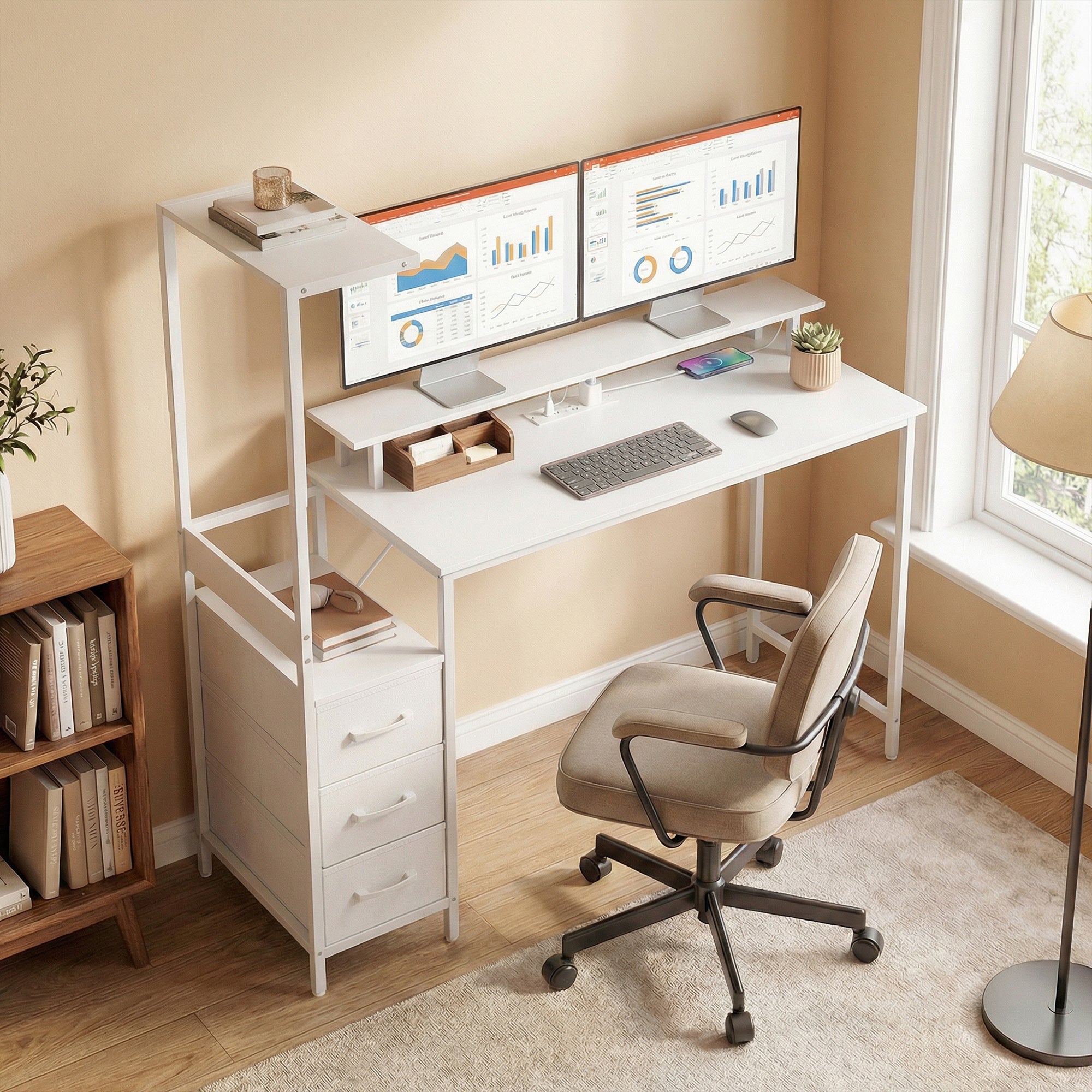 HOMCOM 147cm Gaming Desk with Charging Station and Monitor Stand, Computer Table for Home Office with RGB Lights, White 