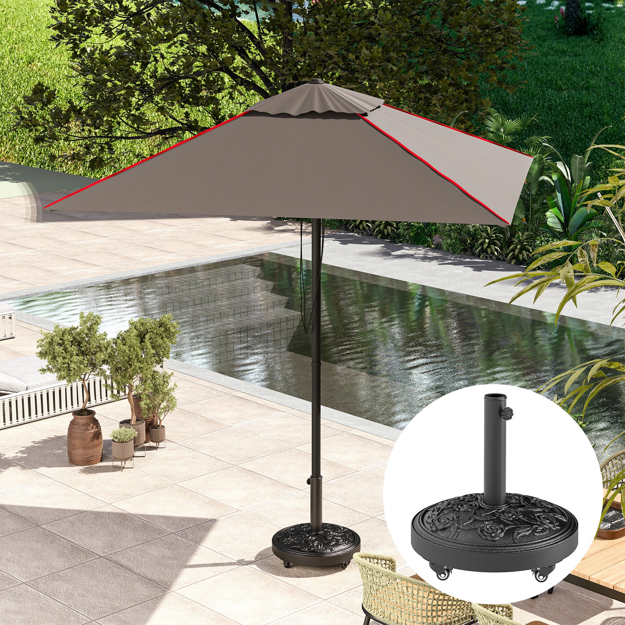 Outsunny Parasol Base, Umbrella Base with Wheels Cast Iron Effect, for Umbrella, Canopy, Weather Resistant, Black 