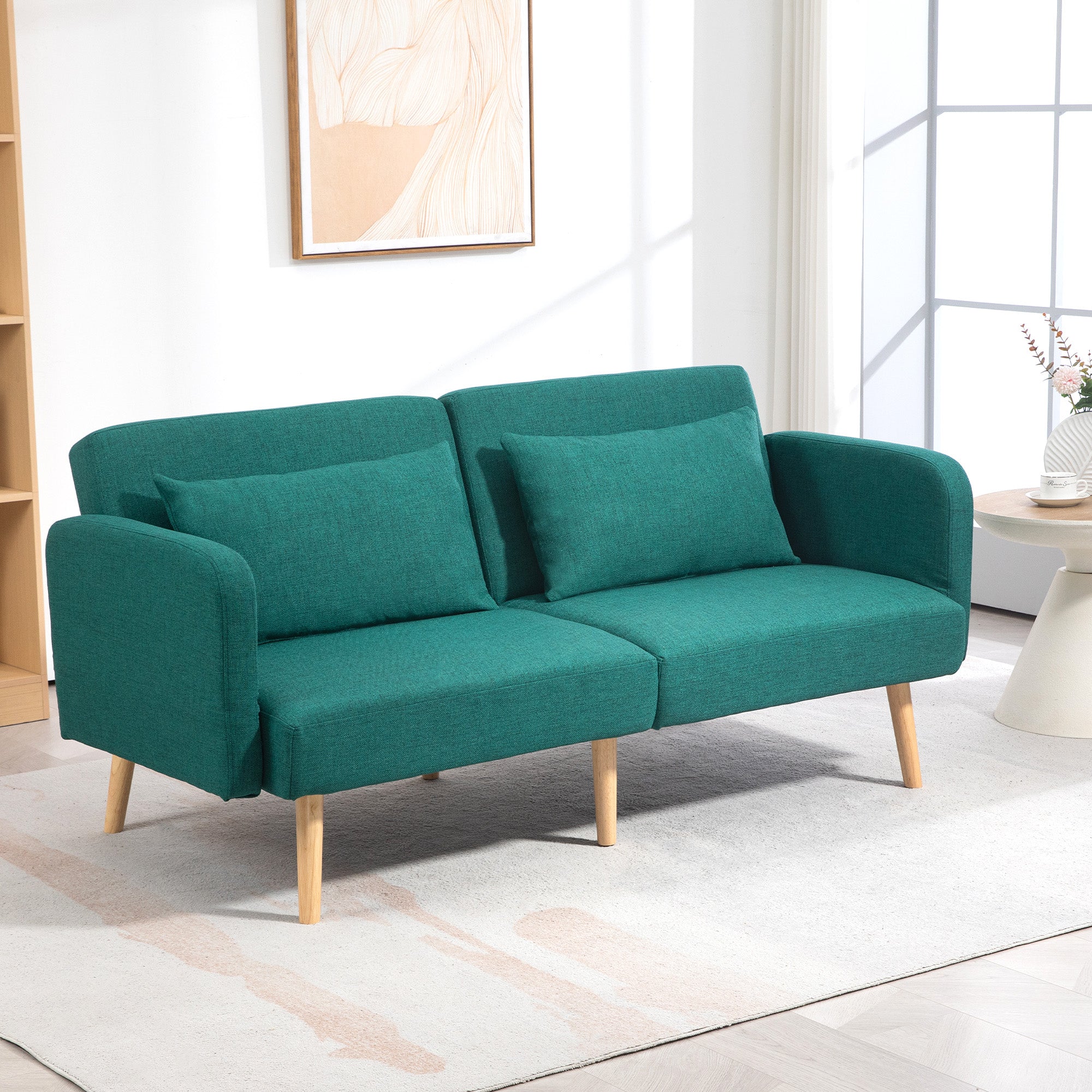 HOMCOM 2/3 Seater Sofa Bed, Convertible Bed Settee, Fabric Sofa Couch with 2 Cushions for Living Room, Guest Room, Green 