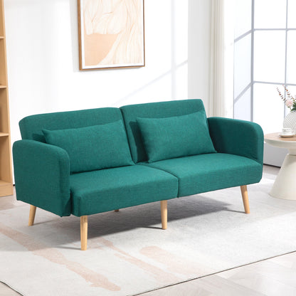 HOMCOM 2/3 Seater Sofa Bed, Convertible Bed Settee, Fabric Sofa Couch with 2 Cushions for Living Room, Guest Room, Green 