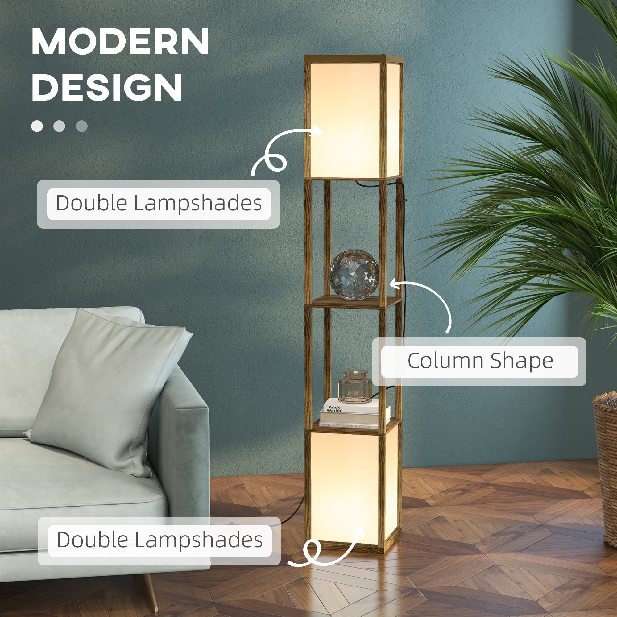 HOMCOM Modern Shelf Floor Lamp with Dual Ambient Light, Standing Lamp Living Room, Bedroom, 156cm, Brown 
