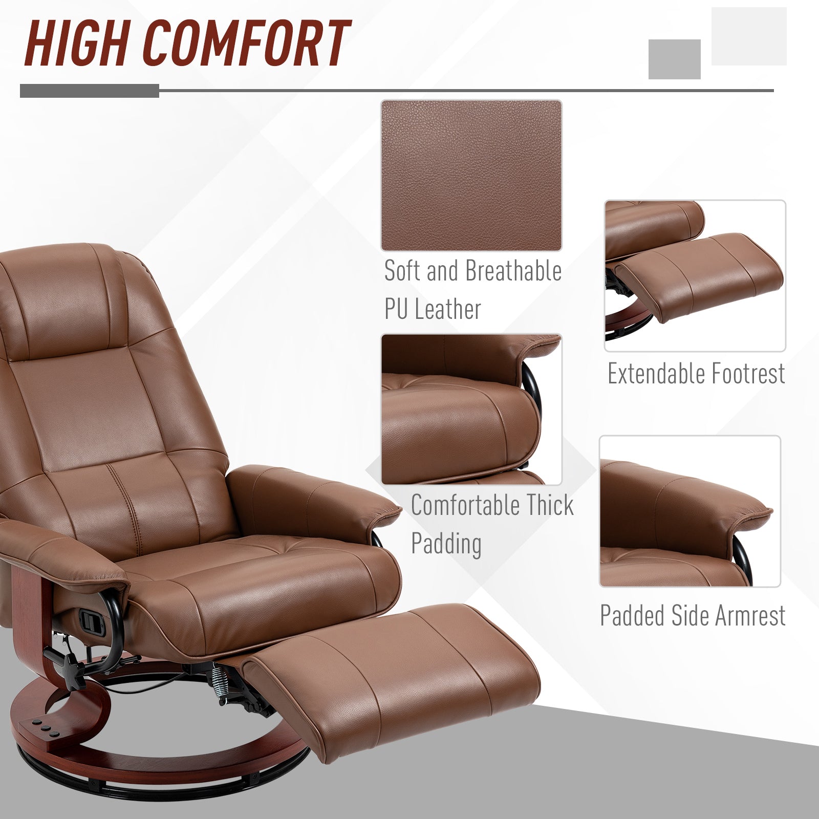 HOMCOM Faux Leather Armchair, with 145\'c2\'b0 Reclining Back and Footrest - Brown