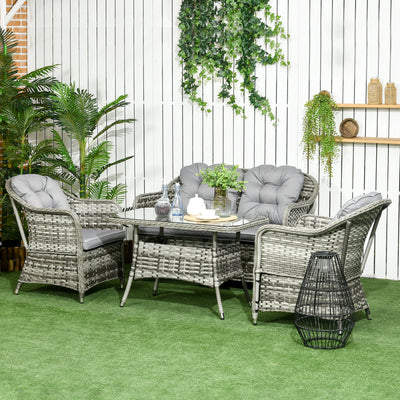 Outsunny Four-Piece Rattan Set, with Glass-Top Table - Grey 