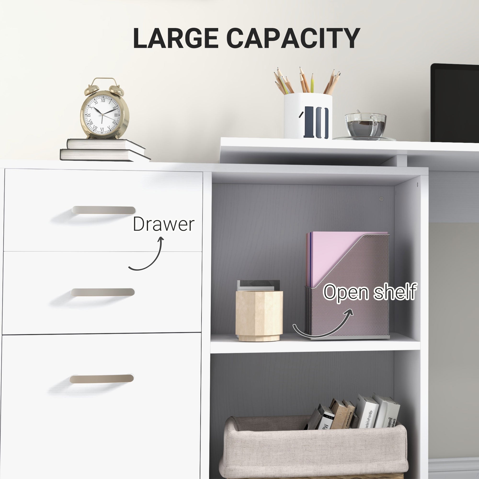 HOMCOM L Shaped Computer Desk, Reversible Home Office Desk with Drawers, File Cabinet and Storage Shelves, Study Table, 117 x 83.5 x 76cm, White 