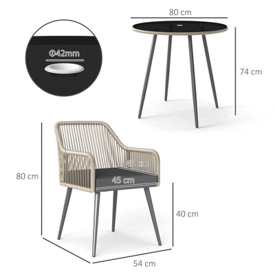 Outsunny 4 Seater Rattan Dining Set, Rattan Garden Furniture Set with Parasol Hole, Outdoor Dining Table and Chairs Set with Cushions, Round Glass Top Table for Patio, Balcony, Light Brown 