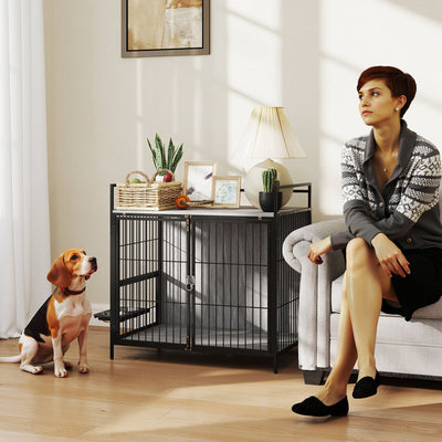 PawHut Dog Crate Furniture with Rotating Bowl Holder, 2 Bowls, 2 Doors, for Medium Dogs, 80 x 56 x 76.5 cm, Grey 