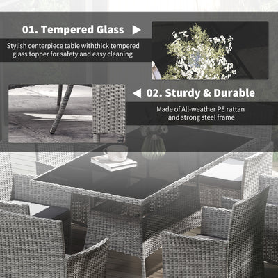 Outsunny 7-Piece Rattan Garden Furniture Set with Cushions, 6 Seater Garden Table and Chairs, Rattan Dining Set with 6 Armchairs, Rectangular Glass Top Table, Charcoal Grey 