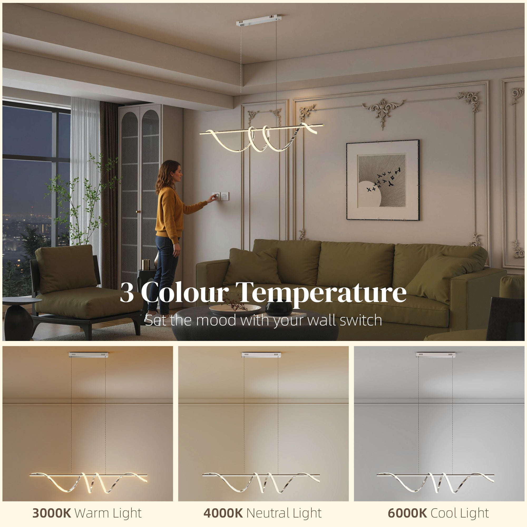 HOMCOM Pendant Light with 3 Colour Temperatures - Silver Tone 