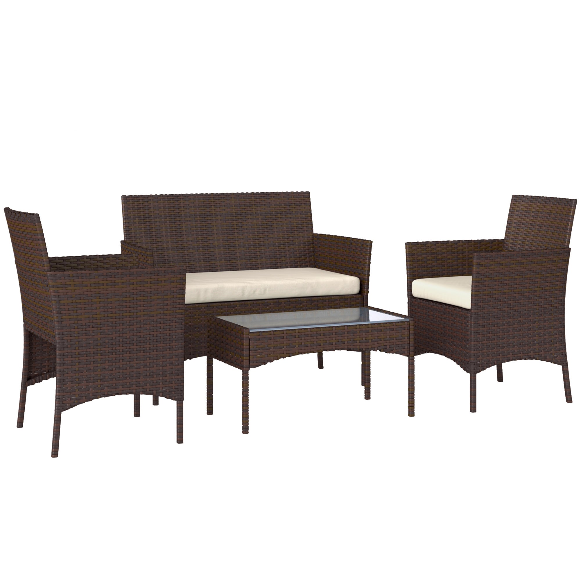 Outsunny 4 Piece Rattan Garden Furniture Sofa Set with Loveseat, Armchairs, Glass-Top Coffee Table and Cushions, Brown 