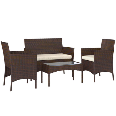 Outsunny 4 Piece Rattan Garden Furniture Sofa Set with Loveseat, Armchairs, Glass-Top Coffee Table and Cushions, Brown 