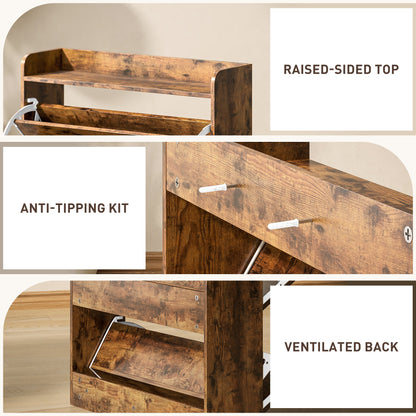 HOMCOM Two Flip Drawer Narrow Shoe Cabinet with Adjustable Shelves - Rustic Brown 