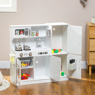 AIYAPLAY Pretend Play Kitchen, Kids Kitchen Playset, with Toy Phone, Chalkboard, Microwave, Cooking Stove, Sink, White 