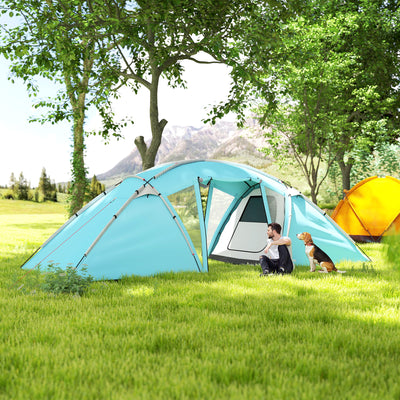 Outsunny 4-6 Man Family Camping Tent w/ 2 Bedrooms and a Living Room, Waterproof Tunnel Tent w/ Sewn In Groundsheet, Doors, Windows, Carry Bag, Blue 