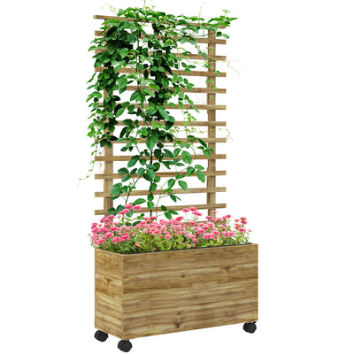 Outsunny Wooden Raised Planter, with Back Trellis - Natural Finish 