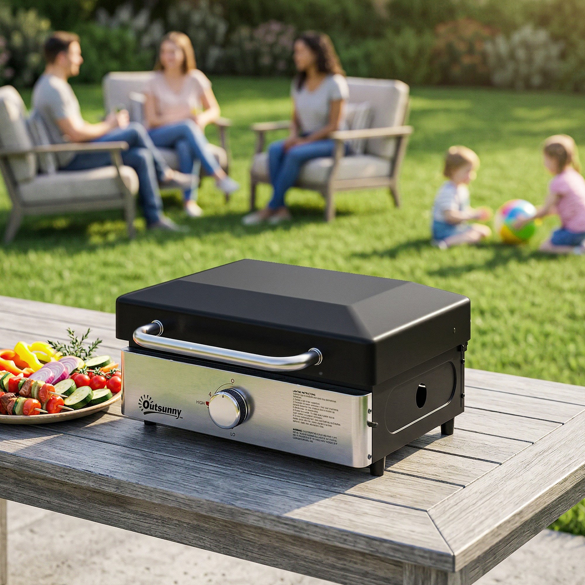 Outsunny Grill Griddle, Portable Gas Plancha, 3.5 kW, Tabletop Gas BBQ with Grease Cup for Camping Picnic Patios, Black 