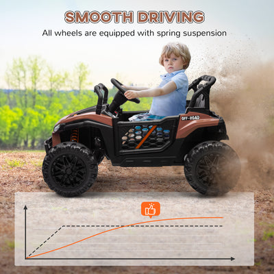 AIYAPLAY 12V Battery Powered Ride on Truck w/ Remote, Four Suspension Wheels, Horn, Lights, Music, USB, for Ages 3-5 Years, Brown 