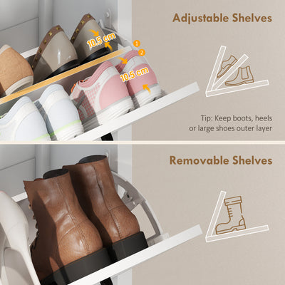 HOMCOM Shoe Cabinet with 2 Flip Drawers, Farmhouse Narrow Shoe Storage Cabinet with Adjustable Shelves, White 