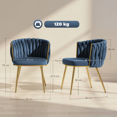 HOMCOM Velvet-Feel Dining Chairs Set of 2, Modern Upholstered Armchair with Knot Design and Golden Metal Legs, Accent Chair for Dining Room, Bedroom, Kitchen, Living Room, Dark Blue 