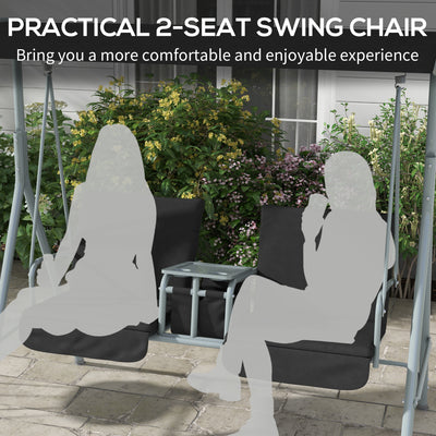 Outsunny 2 Seater Garden Swing Chair Patio Rocking Bench w/ Tilting Canopy, Double Padded Seats, Storage Bag and Tray, Black 