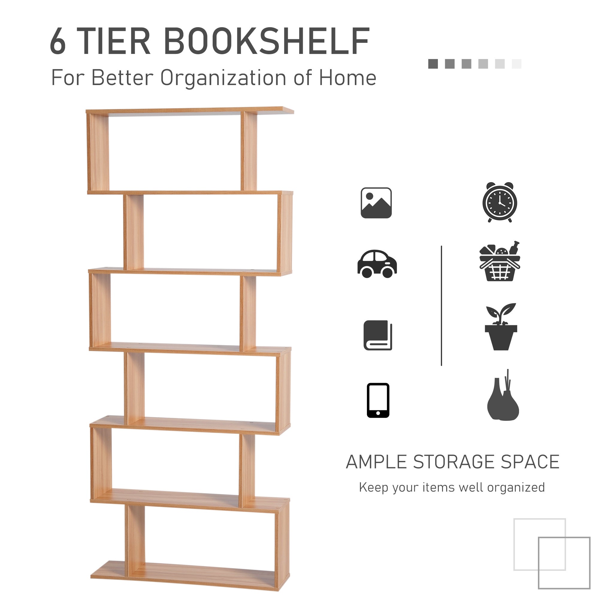 HOMCOM Bookcase, 6 Tier Shelf S Shaped Bookshelf, Storage Unit, Display Shelf for Living Room, Bedroom, Home Office, Plant, Maple 