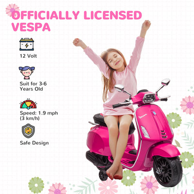 AIYAPLAY 12V Vespa Licensed Kids Electric Motorbike w/ Music, Headlights, FM Radio, for 3-6 Years - Pink 