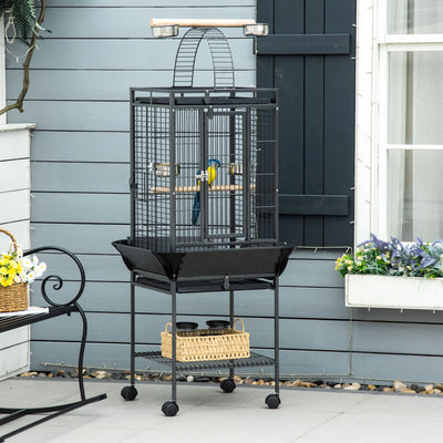 PawHut 156cm Bird Cage,Large Parrot Cage with Open Play Top, Perch, Seed Guard, Wheels, Storage Shelf, Dark Grey 